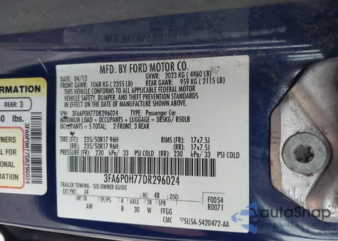 2013 Ford Fusion Se z USA, uszkodzony, nr VIN 3FA6P0H77DR296024